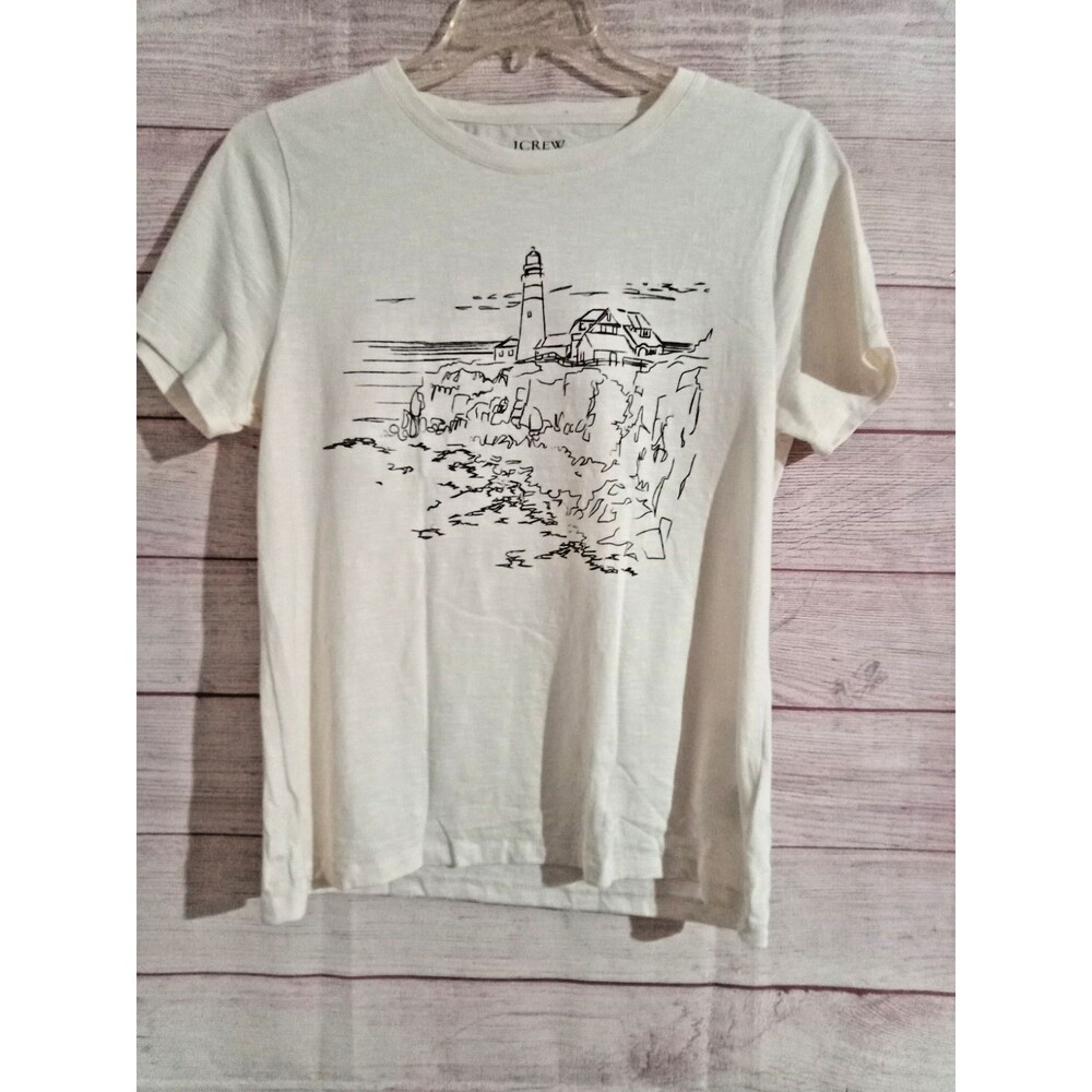J. Crew T-Shirt Women's Size Large Lighthouse Graphic White Black Short Sleeve